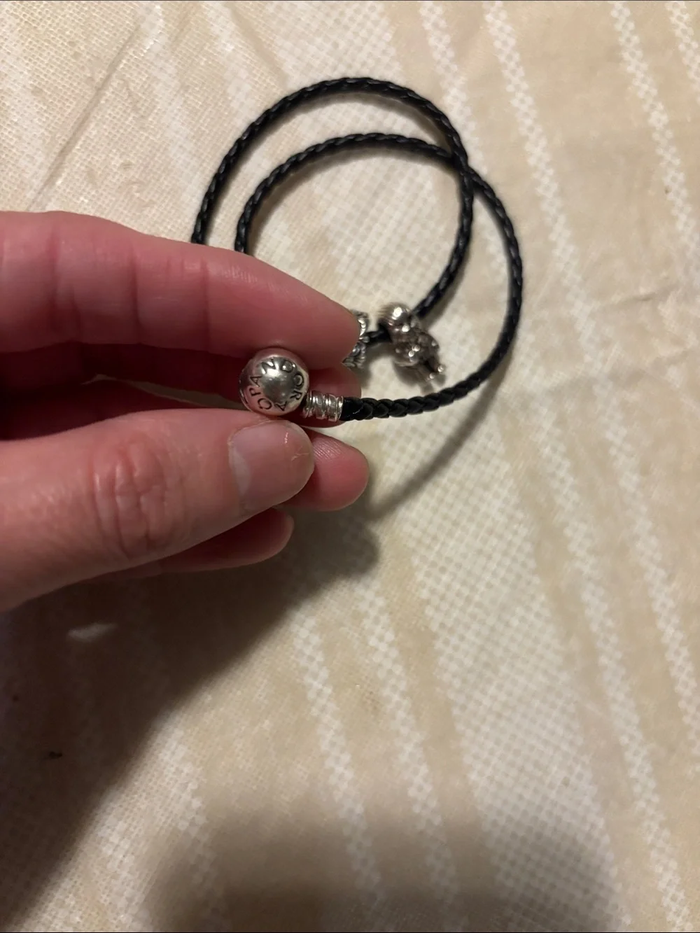 Pandora Black Braided Leather Bracelet with Silver Hamsa and Decorative Charms
